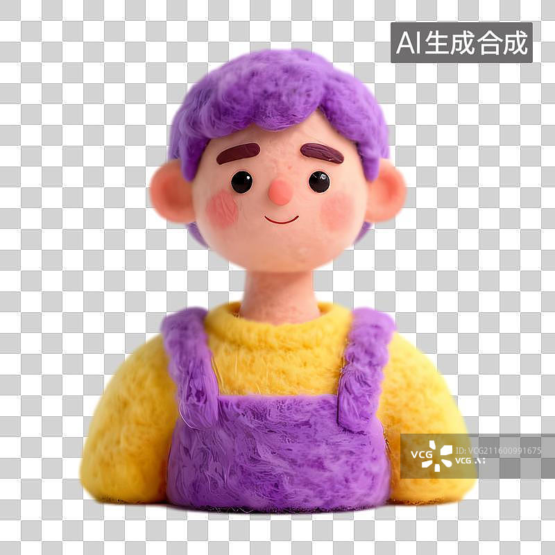 【AI数字艺术】可爱毛绒玩偶紫色头发黄色上衣图片素材