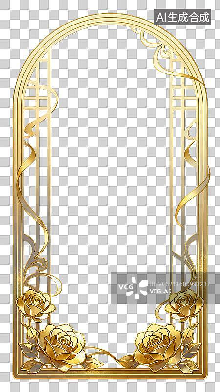 【AI数字艺术】西式植物玫瑰花花纹雕花鎏金银装饰边框图片素材