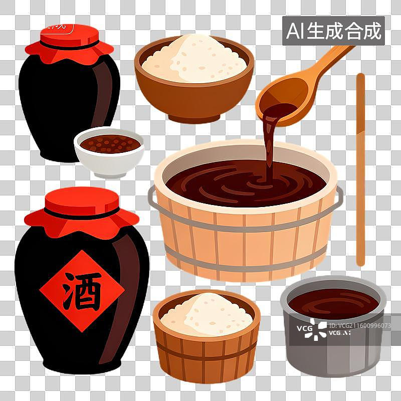 【AI数字艺术】传统米酒制作相关物品插画图片素材