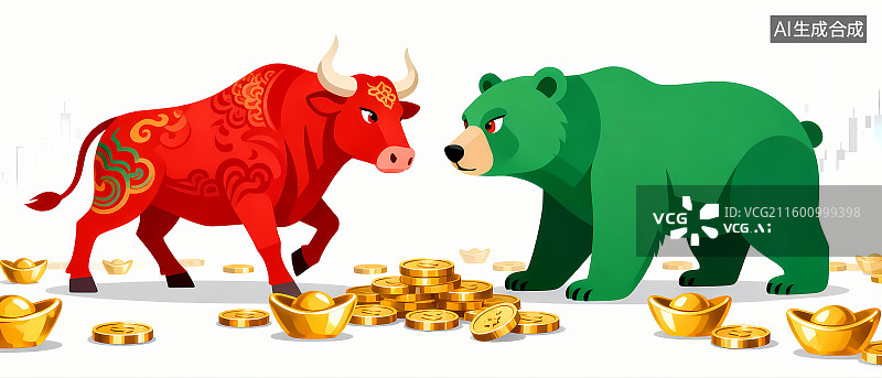 【AI数字艺术】财经主题插画 牛市还是熊市 牛熊相遇图片素材