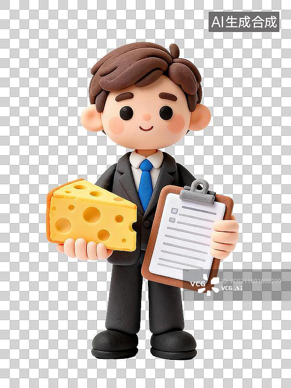 【AI数字艺术】Q版3D黏土风格管理咨询师拿剪贴板和象征阻抗元素的奶酪商务办公生产力人物透明元素插画设计图片素材