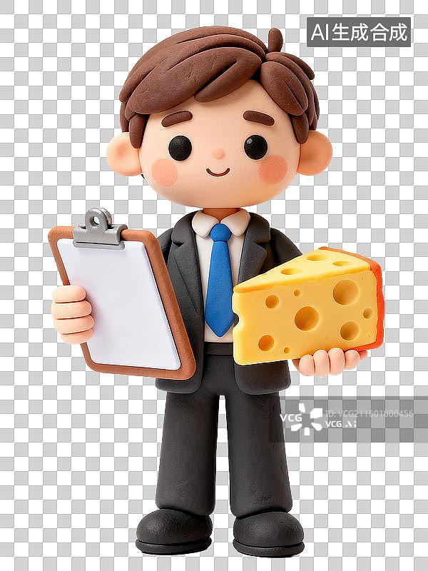 【AI数字艺术】Q版3D黏土风格管理咨询师拿剪贴板和象征阻抗元素的奶酪商务办公生产力人物透明元素插画设计图片素材