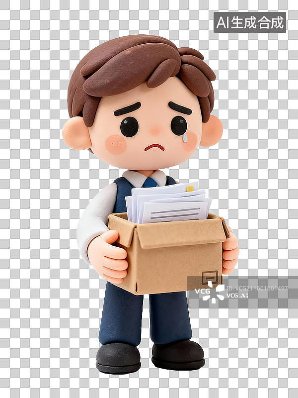 【AI数字艺术】心痛时刻被解雇悲伤3D黏土风格Q版普通职员员工拿着装满文件纸箱事业挫折商务办公生产力人物透明元素插画图片素材