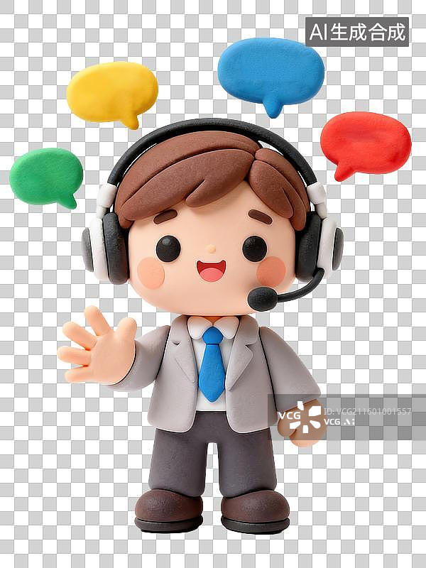 【AI数字艺术】一个Q版3D黏土风格快乐微笑男性翻译员形象戴耳麦浮现语言气泡商务办公生产力人物透明元素插画设计图片素材