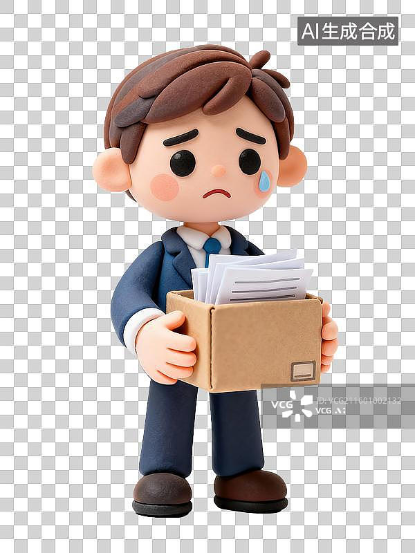 【AI数字艺术】心痛时刻被解雇悲伤3D黏土风格Q版普通职员员工拿着装满文件纸箱事业挫折商务办公生产力人物透明元素插画图片素材