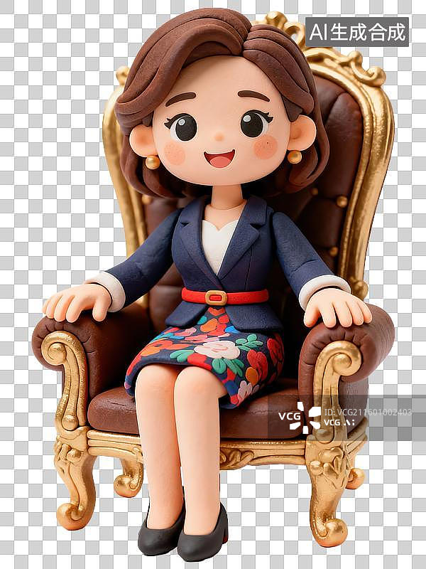 【AI数字艺术】Q版3D黏土风格漂亮女性董事长CEO优雅坐于豪华椅子劳动节职场理想励志商务办公生产力人物透明元素插画图片素材