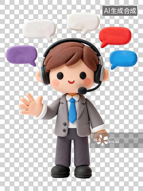 【AI数字艺术】一个Q版3D黏土风格快乐男性翻译员形象戴耳麦浮现语言气泡商务办公生产力人物透明元素插画设计图片素材