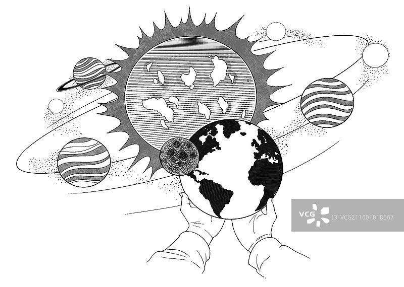 黑白插画 宇宙 地球 太阳系 转动 星球 太空 银河系 月球 关系 地理 知识图片素材