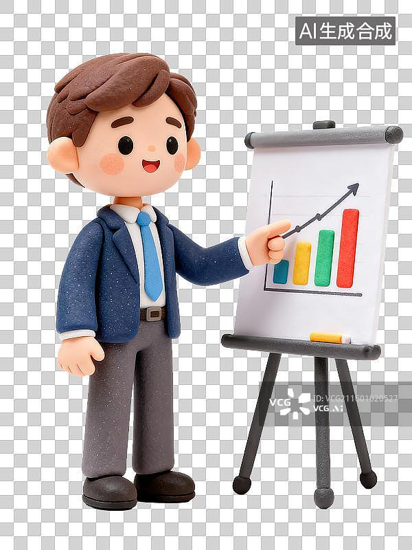 【AI数字艺术】Q版3D黏土风格专注男性企业培训师指向演示板商务办公生产力人物透明元素插画劳动节职场理想励志图片素材