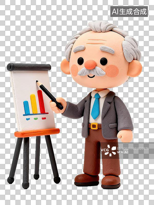 【AI数字艺术】Q版3D黏土风格专注老者男性企业培训师指向演示板商务办公生产力人物透明元素插画劳动节职场理想励志图片素材