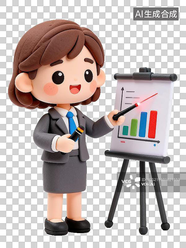 【AI数字艺术】Q版3D黏土风格专注漂亮女性企业培训师指向演示板商务办公生产力人物透明元素插画劳动节职场理想励志图片素材