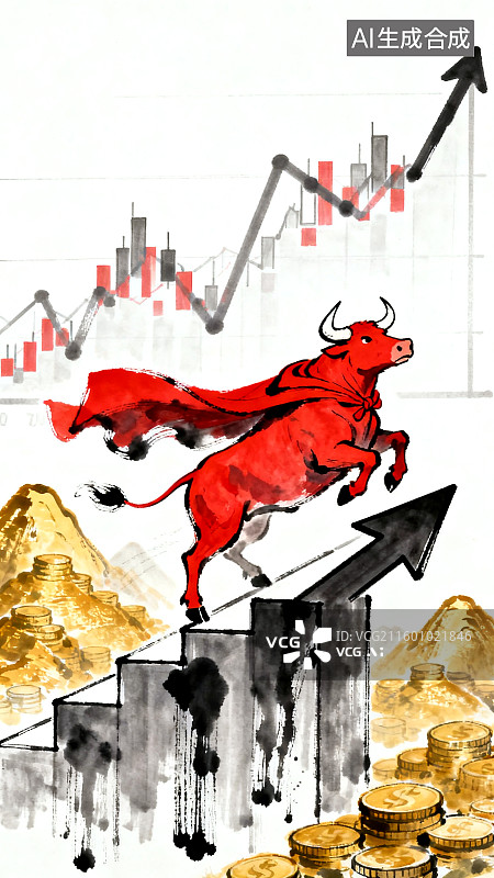 【AI数字艺术】财经主题插画 披着红披风的牛图片素材