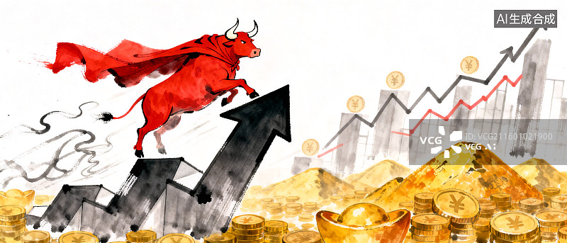 【AI数字艺术】财经主题插画 披着红披风的牛图片素材