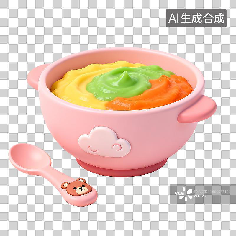 【AI数字艺术】可爱粉色碗中的多彩婴儿辅食图片素材