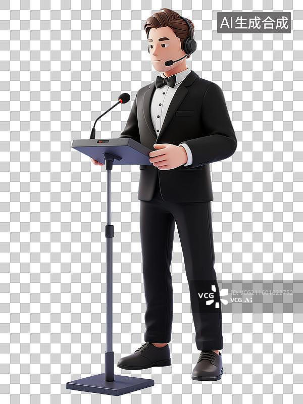 【AI数字艺术】同声传译首席翻译官外交官发言人记者节采访演讲开会议专业人员工作汇报卡通3D人物男士西服正装透明无背景图片素材
