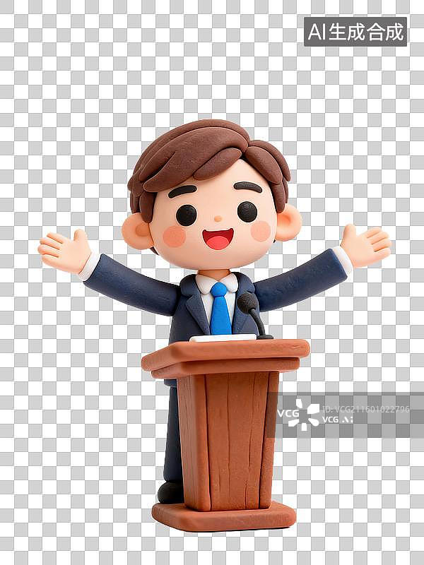【AI数字艺术】Q版3D黏土风格自信帅气男性演讲者站在讲台张开双臂商务办公生产力人物透明元素插画劳动节职场理想励志图片素材