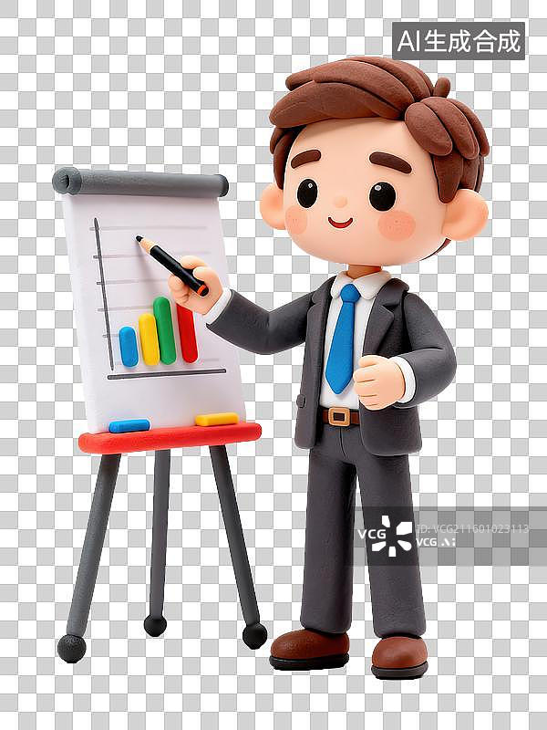 【AI数字艺术】Q版3D黏土风格专注男性企业培训师指向演示板商务办公生产力人物透明元素插画劳动节职场理想励志图片素材