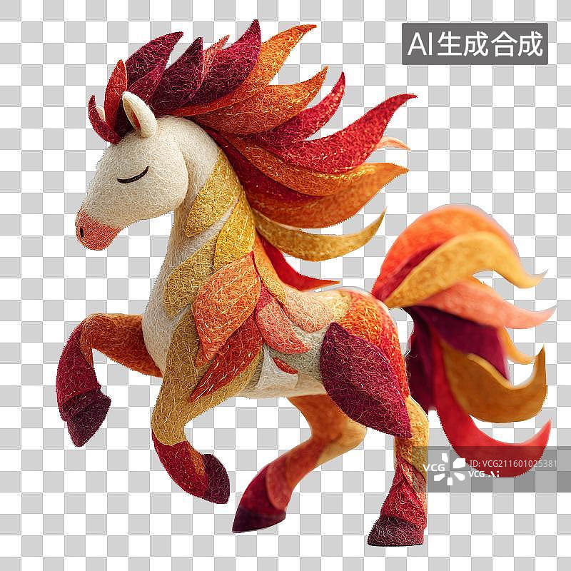 【AI数字艺术】3D毛毡风格可爱卡通马生肖马暖色调火焰鬃毛装饰免抠元素透明底PNG图片素材