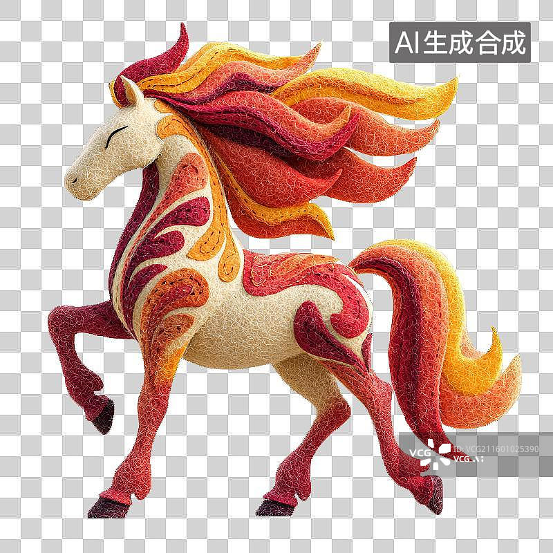 【AI数字艺术】3D毛毡风格可爱卡通马生肖马暖色调火焰鬃毛装饰免抠元素透明底PNG图片素材