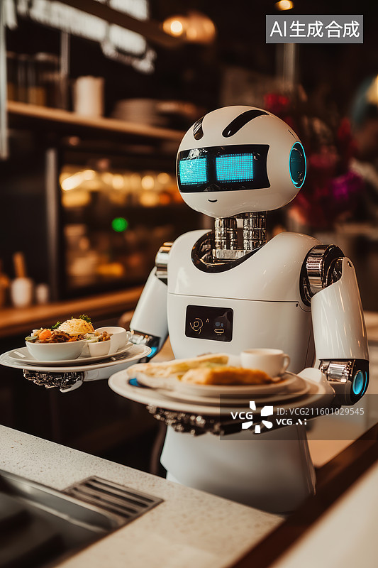 【AI数字艺术】AI餐饮服务机器人工作场景图片素材