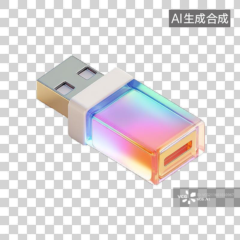 【AI数字艺术】3D酸性风格渐变色透明U盘图标科技办公数据存储免抠元素透明底PNG图片素材