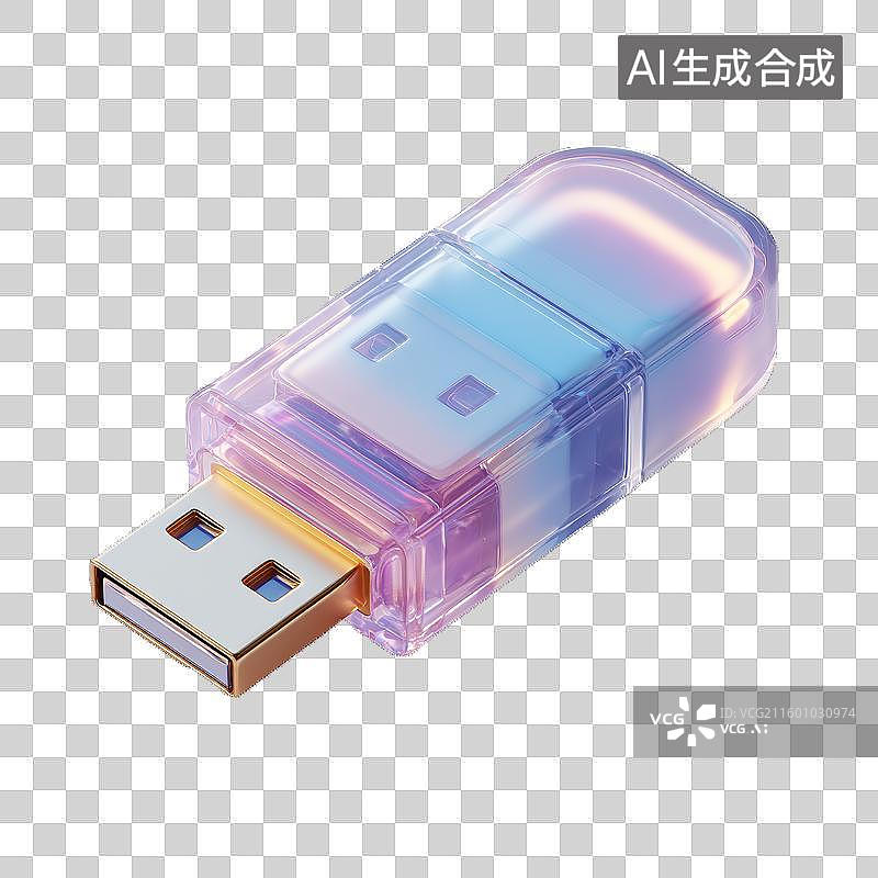 【AI数字艺术】3D酸性风格渐变色透明U盘图标科技办公数据存储免抠元素透明底PNG图片素材