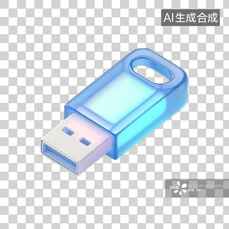 【AI数字艺术】3D膨胀风圆润蓝色U盘图标科技办公数据存储免抠元素透明底PNG图片素材