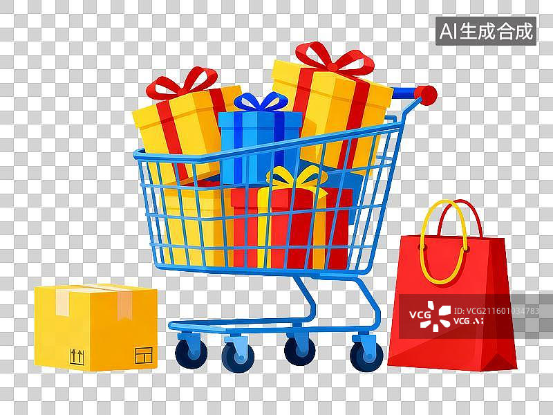【AI数字艺术】电商购物 促销元素 购物车装满礼物盒和购物袋图片素材