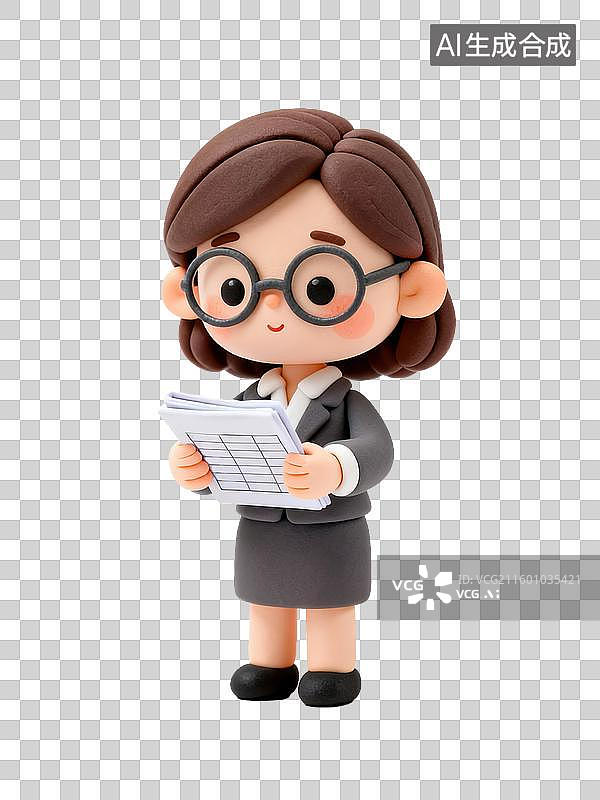 【AI数字艺术】3D黏土风格专注女会计戴眼镜拿账本商务办公生产力人物透明元素插画劳动节职场理想励志图片素材