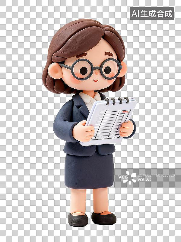 【AI数字艺术】3D黏土风格专注女会计戴眼镜拿账本商务办公生产力人物透明元素插画劳动节职场理想励志图片素材