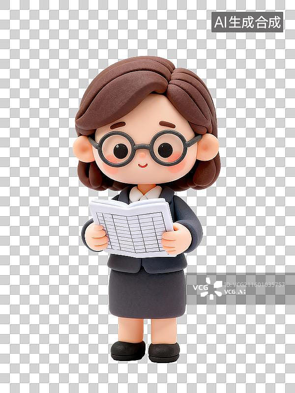 【AI数字艺术】3D黏土风格专注女会计戴眼镜拿账本商务办公生产力人物透明元素插画劳动节职场理想励志图片素材