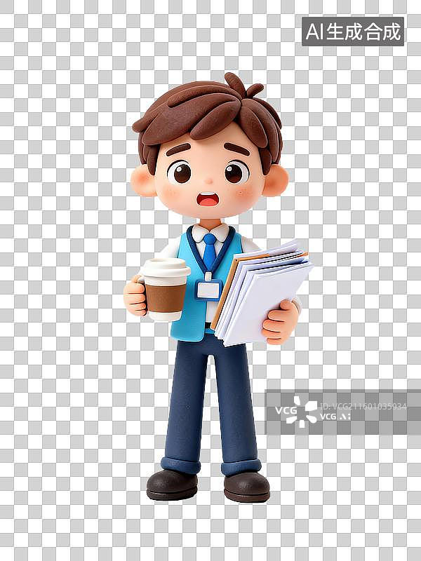 【AI数字艺术】3D黏土风格男性实习生抱咖啡文件热情紧张表情商务办公生产力人物透明元素插画劳动节职场理想励志图片素材