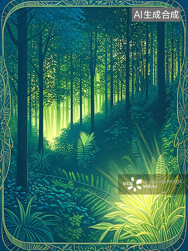 【AI数字艺术】森林深处光芒万丈图片素材