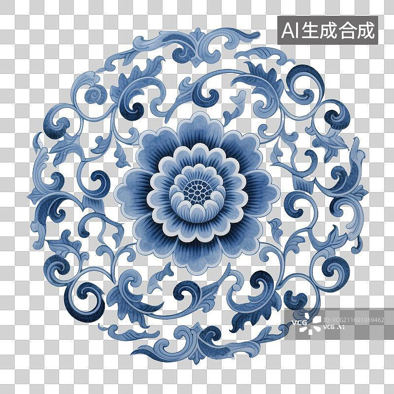 【AI数字艺术】中国风传统青花瓷图案，缠枝莲牡丹纹，宝相花，纹样，免抠元素图片素材