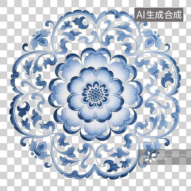 【AI数字艺术】中国风传统青花瓷图案，缠枝莲牡丹纹，宝相花，纹样，免抠元素图片素材