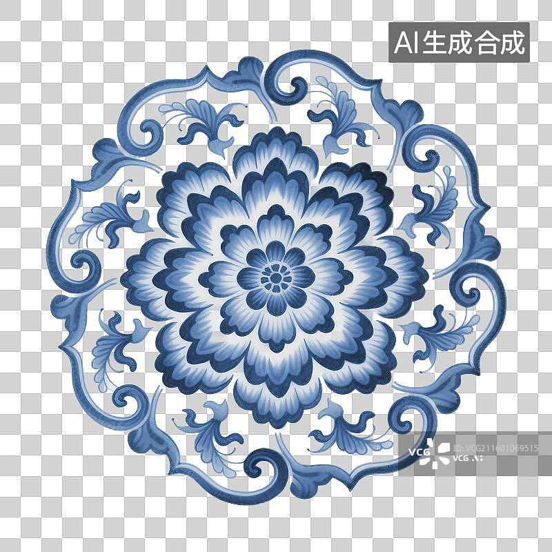 【AI数字艺术】中国风传统青花瓷图案，缠枝莲牡丹纹，宝相花，纹样，免抠元素图片素材