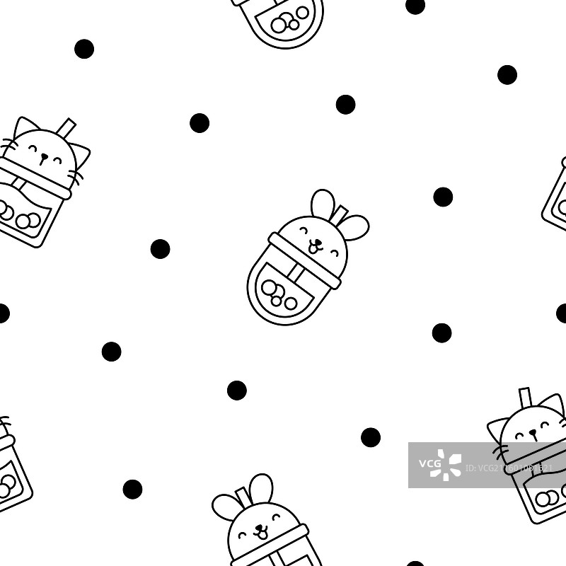 抹茶珍珠奶茶动物脸无缝图案图片素材