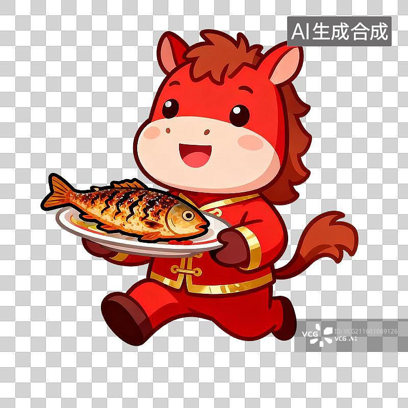 【AI数字艺术】可爱卡通马手持烤鱼图片素材