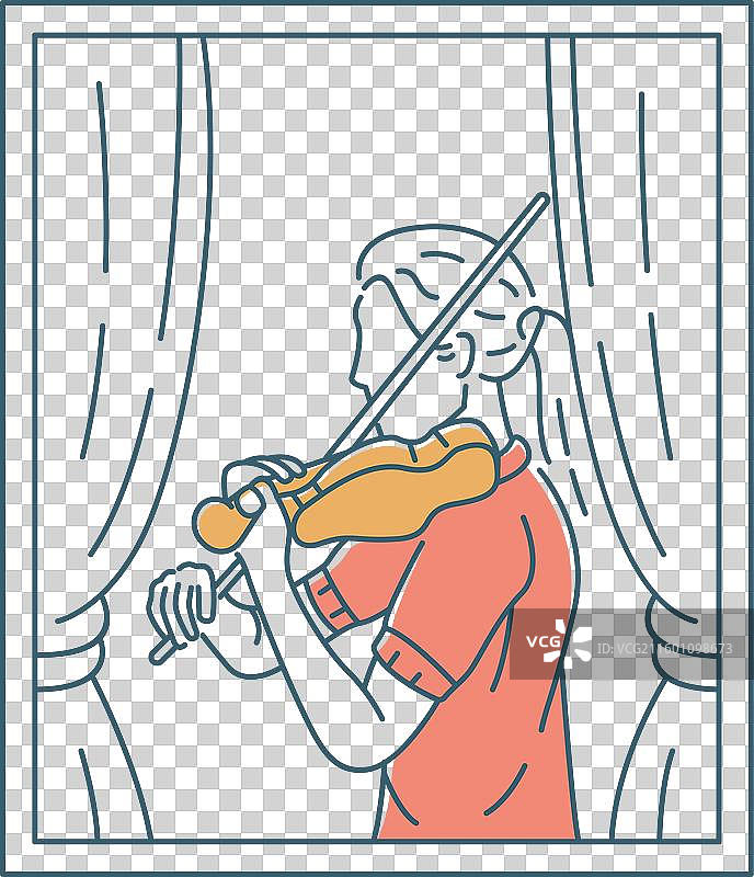 女孩在房子窗帘的窗户后面拉小提琴图片素材