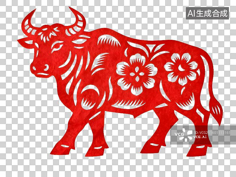 【AI数字艺术】红色剪纸牛带有花卉图案图片素材