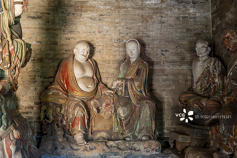 山西省长治市长子县北宋崇庆寺风光——大士殿（罗汉殿）北宋元丰二年罗汉彩塑图片素材