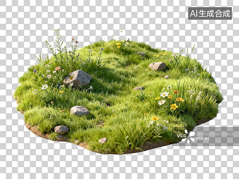 【AI数字艺术】长满野花和石头的翠绿草地图片素材