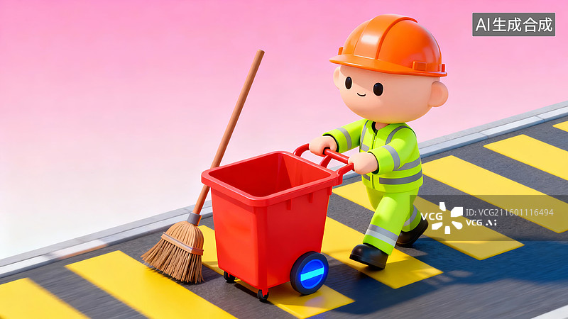 【AI数字艺术】卡通工人推垃圾桶清扫图片素材