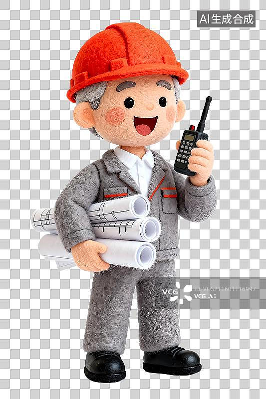 【AI数字艺术】3D毛毡可爱的建筑师，工程师，图纸，安全帽，制服图标图片素材