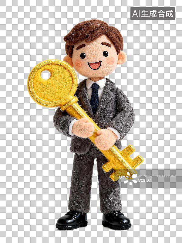 【AI数字艺术】D毛毡可爱的套装白领男性拿着巨大的金钥匙获得成功解决问题晋升的机会图片素材
