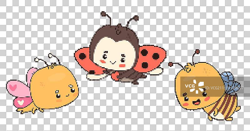 可爱的飞舞的蜜蜂、蝴蝶和瓢虫像素艺术图片素材