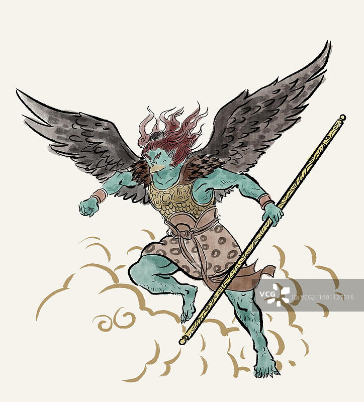 中国风新中式古风古典传统文化国学经典古人古代古时候极简潇洒禅意古意水墨风诗情画意封神榜雷震子插画图片素材