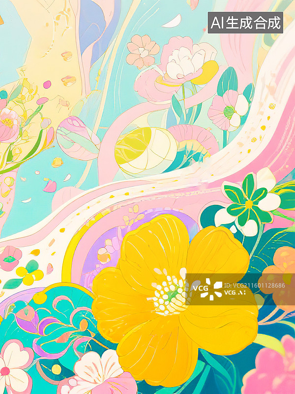 【AI数字艺术】新国风新艺术装饰艺术运动风格花卉图案扁平化手绘插画新年婚礼节日庆祝电商产品广告包装宣传清新唯美梦幻图片素材