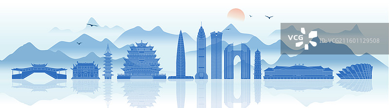 温州城市建筑蓝色剪影矢量插画图片素材