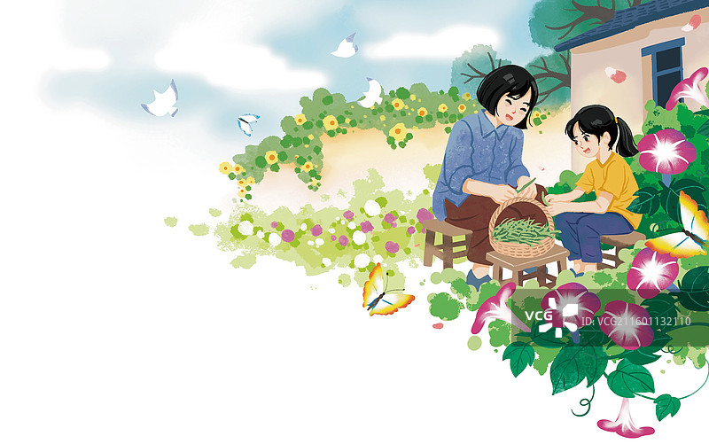 彩色插画 卡通漫扁平风 妈妈女儿 母女摘豆角捡菜 夏季夏天 花草 牵牛花 院子院落 角图 乡村农村图片素材